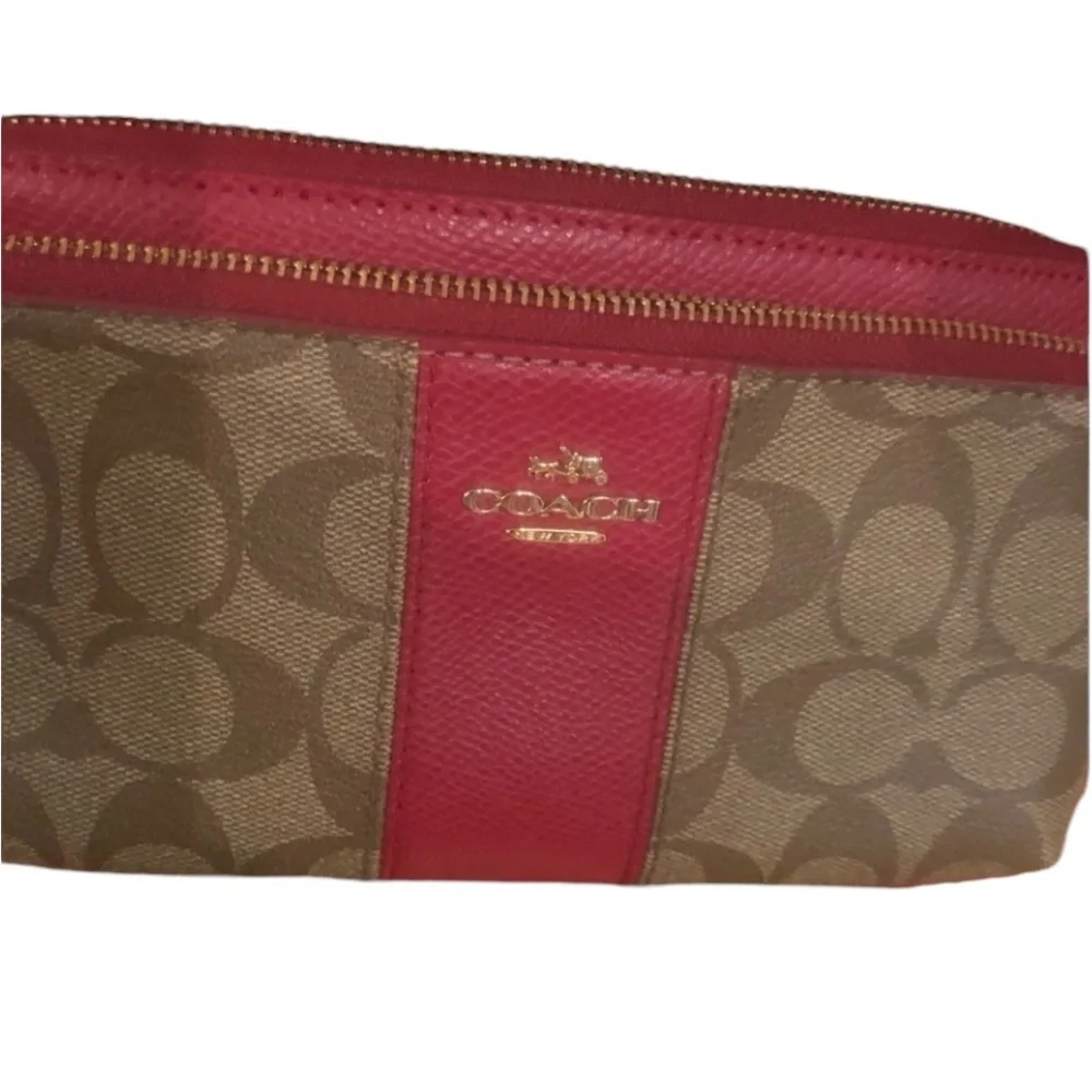 Coach red monogram large zip accordion style wallet with wrist strap
